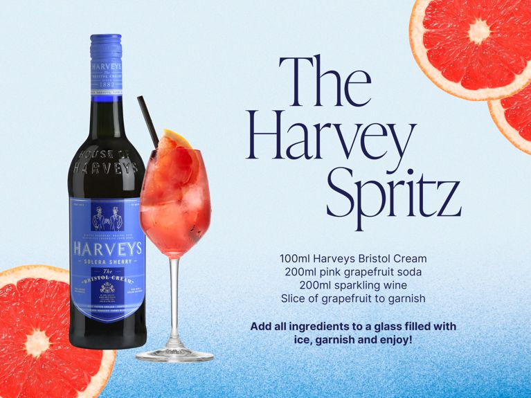 The Harvey Spritz
 
100ml Harveys Bristol Cream
200ml pink grapefruit soda
200ml sparkling wine
Slice of grapefruit to garnish
 
Add all ingredients to a glass filled with ice, garnish and enjoy!