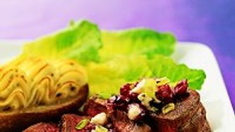 Beef tenderloin with brandied cranberries and Roquefort