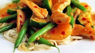 Stir-fried chicken with tangerines, chilies and spring greens