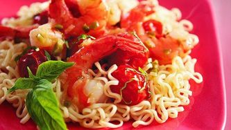 Seared spring shrimp with roasted tomatoes