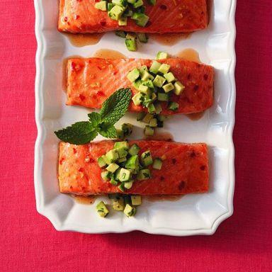 Roasted oriental salmon with cucumber salsa