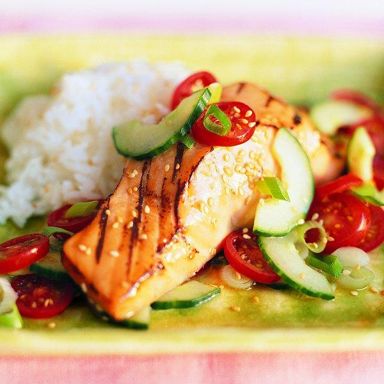 Glazed salmon with cucumber salsa
