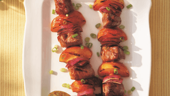 BBQ pork 'n' peach kebabs