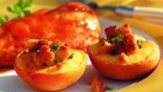 Roast chicken with sage-stuffed peaches