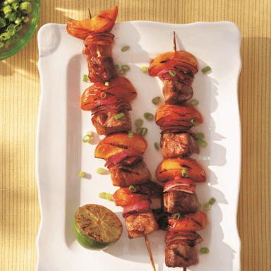 BBQ pork 'n' peach kebabs
