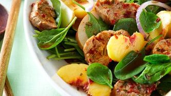 Wilted spinach salad with chipotle pork