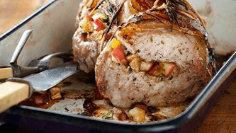 Pancetta-wrapped pork with apple stuffing