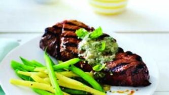 Steaks with basil-blue-cheese butter