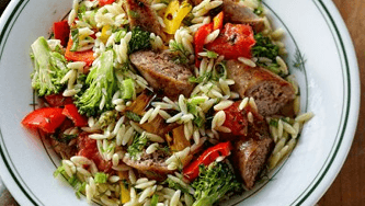 Spicy sausage with dilled orzo