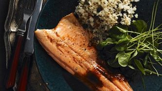 Roasted rainbow trout with prune-mushroom sauce