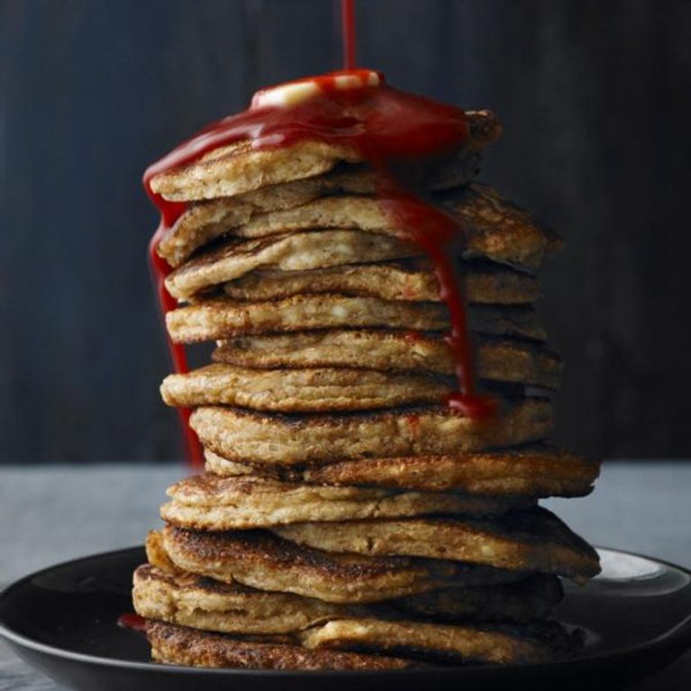 Ricottaoatbran pancakes with mapleraspberry sauce Chatelaine