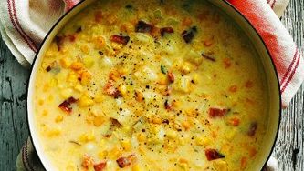 A warming smoky corn chowder with bacon