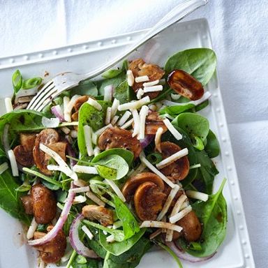 Warm balsamic-soaked mushroom and spinach salad