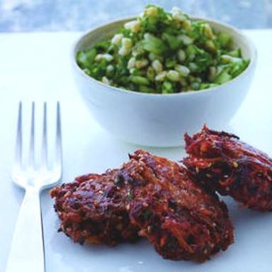 Beet burgers with barley salad
