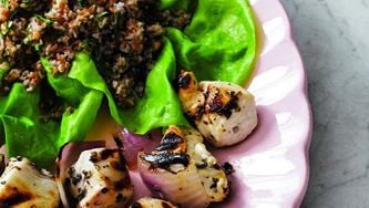 Lemony chicken souvlaki with herbed bulgur pilaf