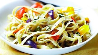 Roasted veggies and pasta with goat cheese