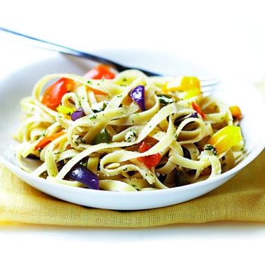 Roasted veggies and pasta with goat cheese