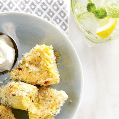 Crunchy artichokes with creamy lemon dip recipe and minty gin and tonic cocktail