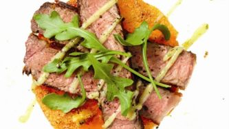 Cornmeal-crusted tomato and pesto steak stack