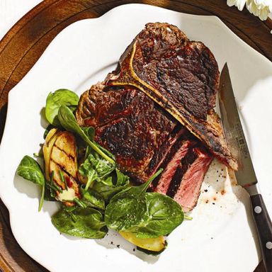 Porcini-rubbed T-bone with fingerling and spinach salad