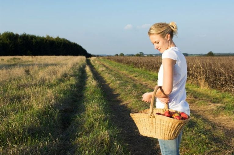 Woman with a basket of apples in a field
