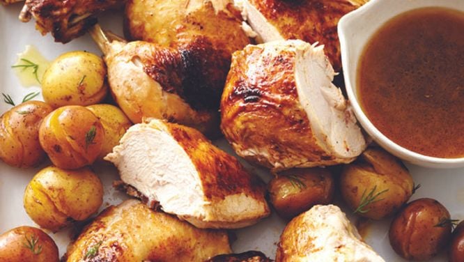 Faux-tisserie chicken with dilly potatoes