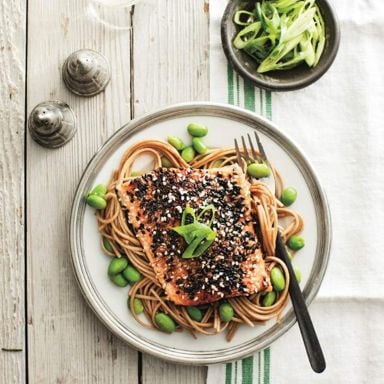 Sesame-crusted Arctic char on soba noodles