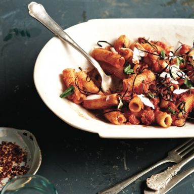 Rigatoni pasta with eggplant and ricotta