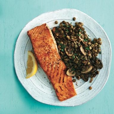 Cedar plank salmon with French lentils