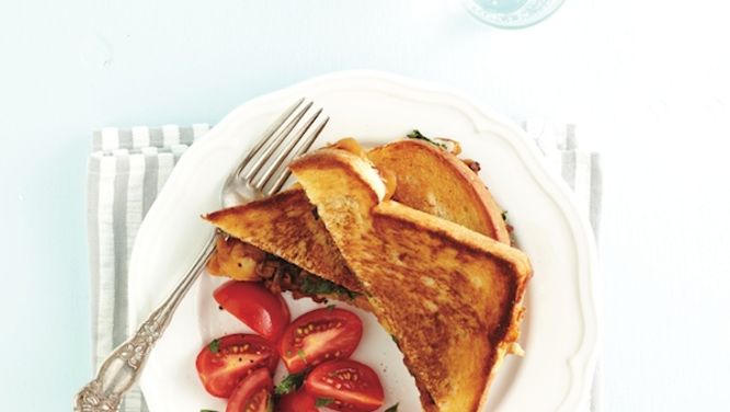 Bacon and onion grilled cheese with tomato salad