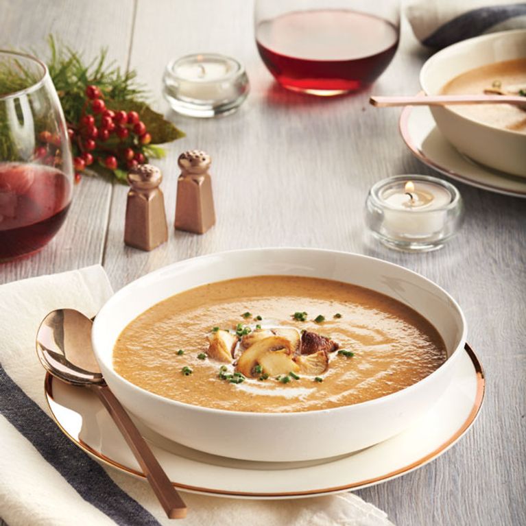 mushroom soup recipe in white serving bowl