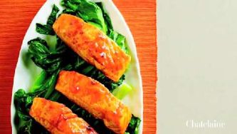 Sweet and spicy glazed salmon with greens