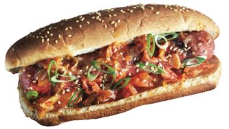 Korean kimchi, ginger and sesame hot dog