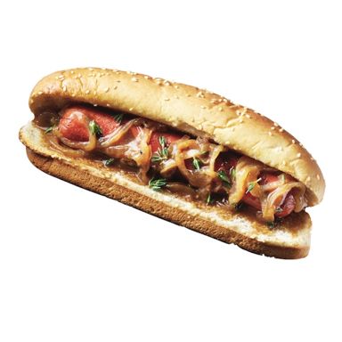 British onions and gravy hot dog