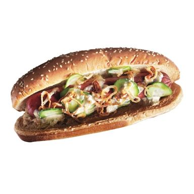 Danish pickles and crispy onions hot dog