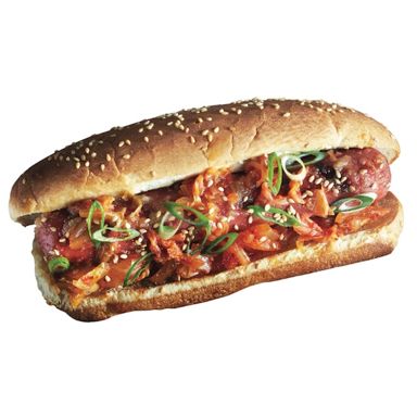 Korean kimchi, ginger and sesame hot dog
