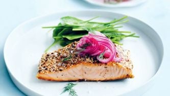 Donna Hay's crispy salmon with dill pickled onions