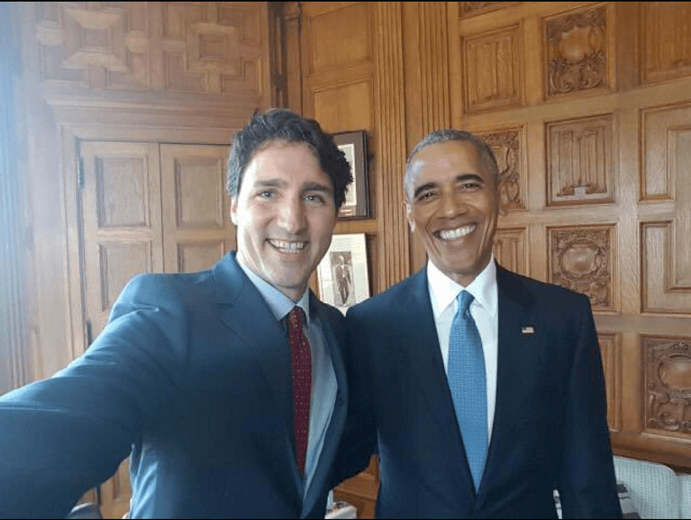 A selfie Trudeau took with Barack Obama. Photo, @JustinTrudeau/Twitter.