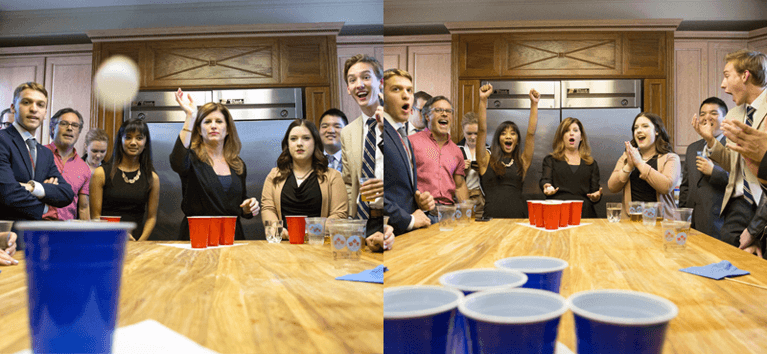Rona Ambrose plays beer pong with the party's interns.
