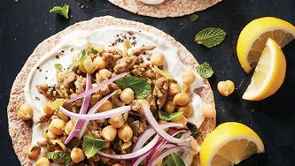 Curried lamb tortillas with chickpeas, yogurt, mint and bright citrus