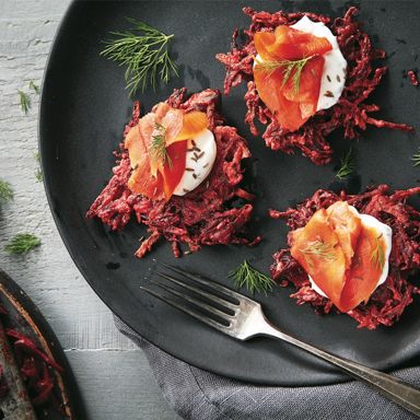 Beet Latkes With Smoked Salmon And Caraway Sour Cream
