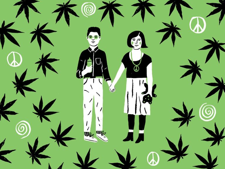 An illustration shows parents who smoke pot on a green background with little marijuana leaves around them.