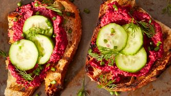 Beet hummus bruschetta