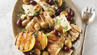 Grilled concertina calamari with warm olives