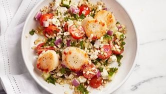 Seared scallops with Greek barley salad