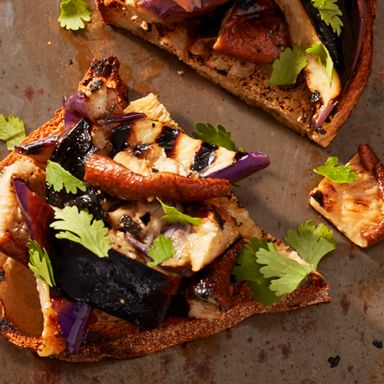 Charred eggplant and shiitake mushroom bruschetta