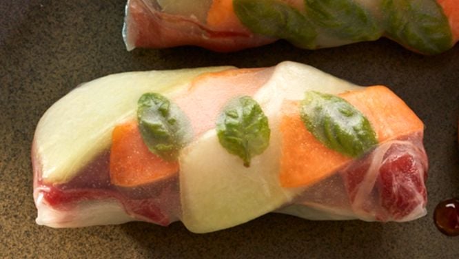 Cantaloupe, Honeydew, Prosciutto And Basil Salad Rolls