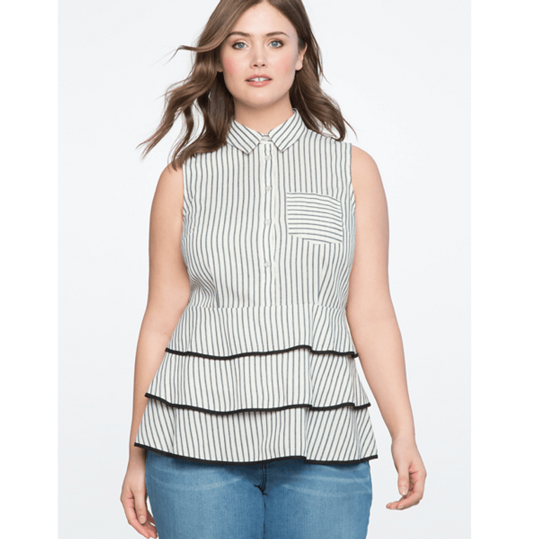 Button Up Tiered Peplum Top, US$70, Eloquii, striped fashion