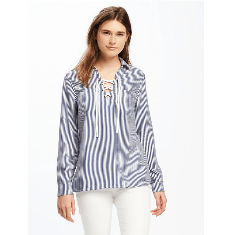 Classic Lace-Up Tencel® Shirt for Women, $20, Old Navy, striped fashion