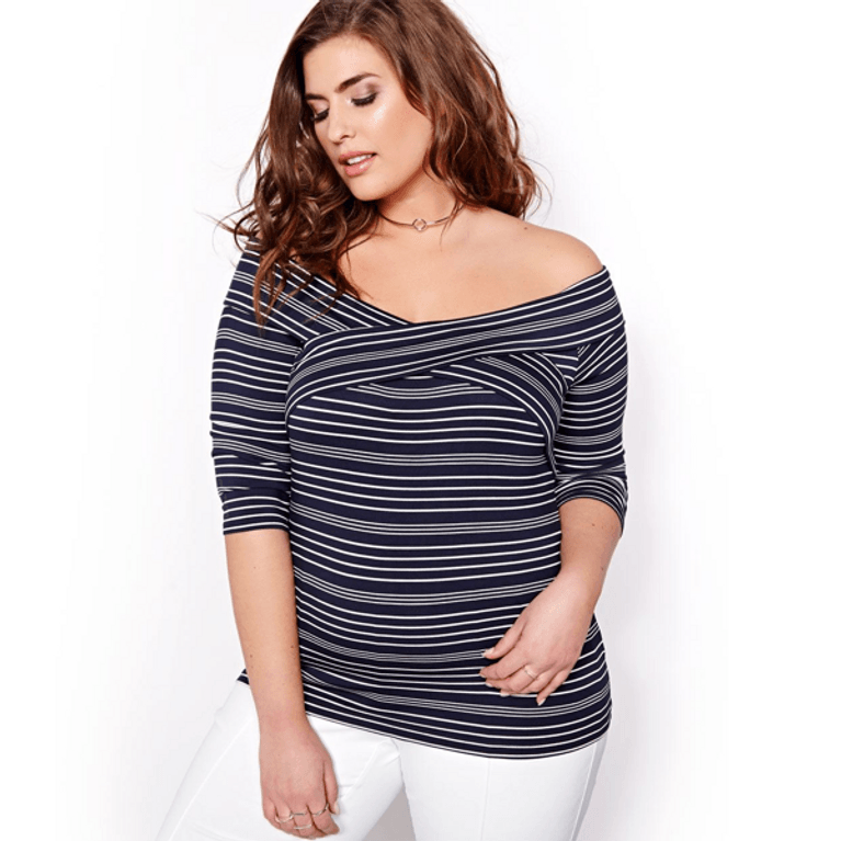 Michel Studio Criss Cross Striped Marilyn Top, $48, Addition Elle, striped fashion